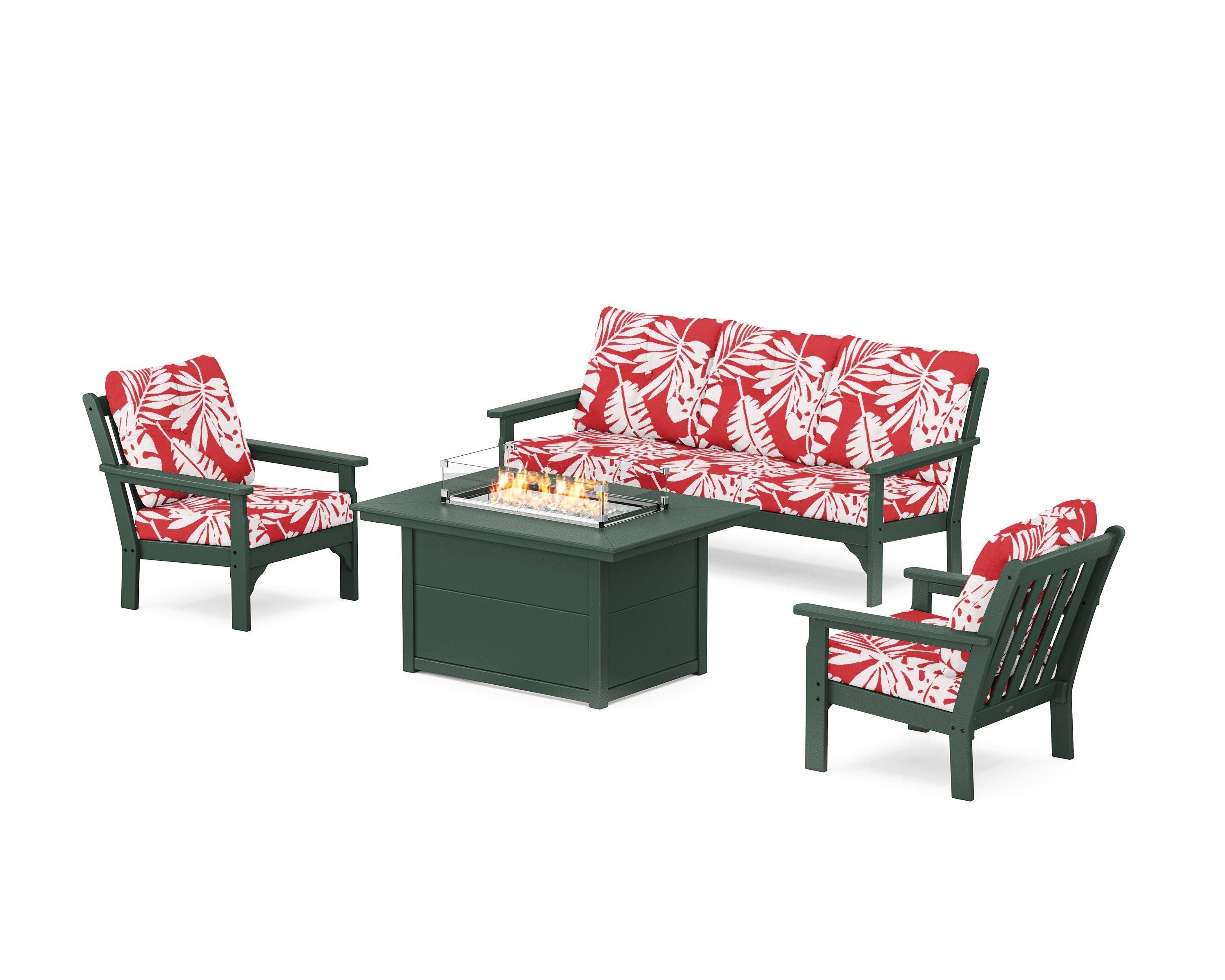 POLYWOOD® Vineyard Deep Seating Fire Pit Table Set in Green / Leaf Crimson