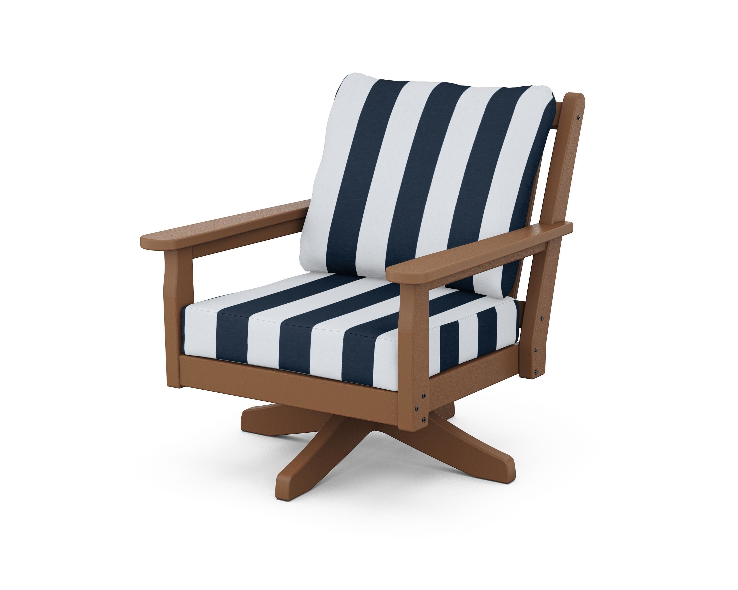 POLYWOOD® Chippendale Deep Seating Swivel Chair in Teak / Cabana Stripe Marine Indigo
