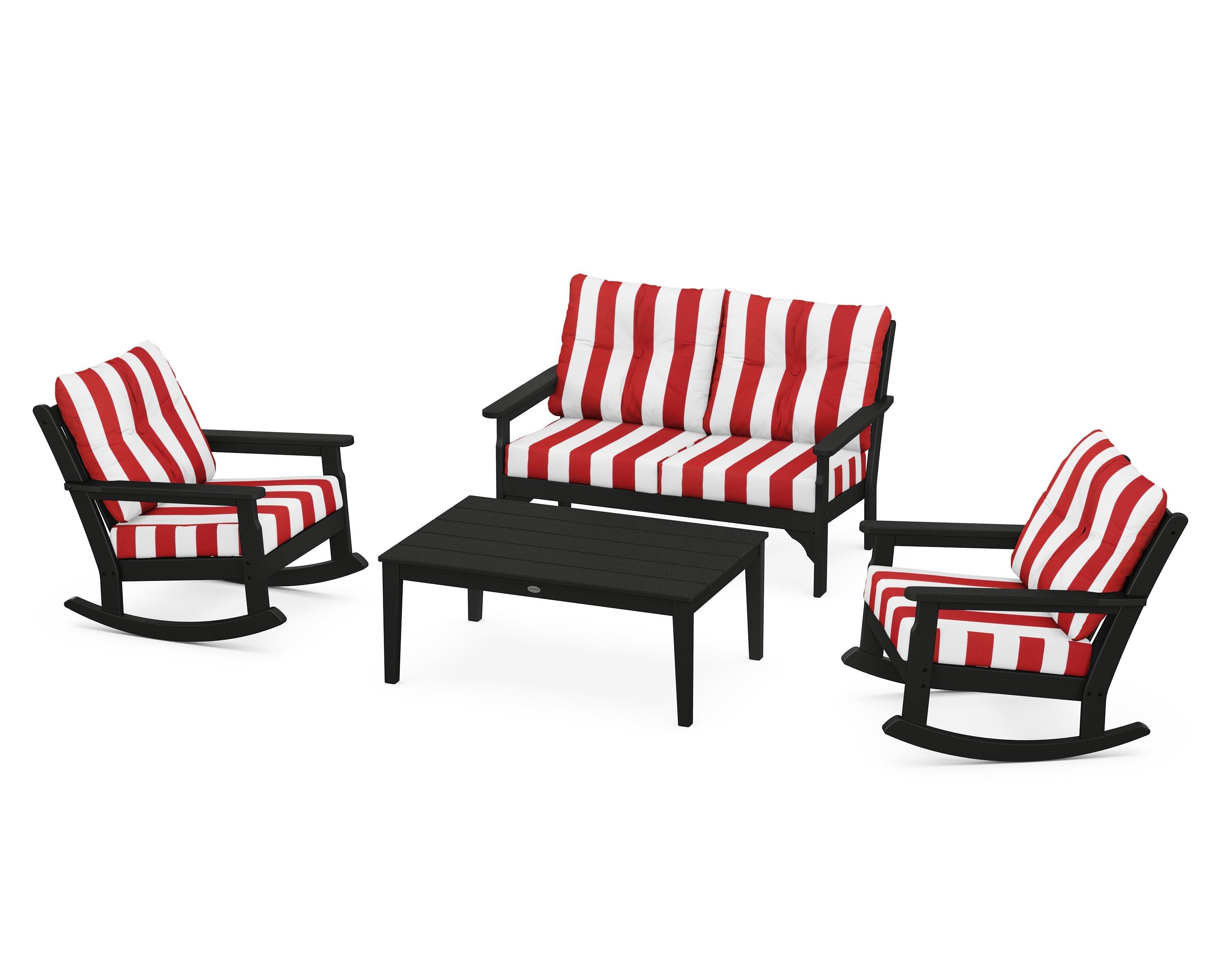 POLYWOOD® Vineyard 4-Piece Deep Seating Rocking Chair Set in Black / Cabana Stripe Crimson