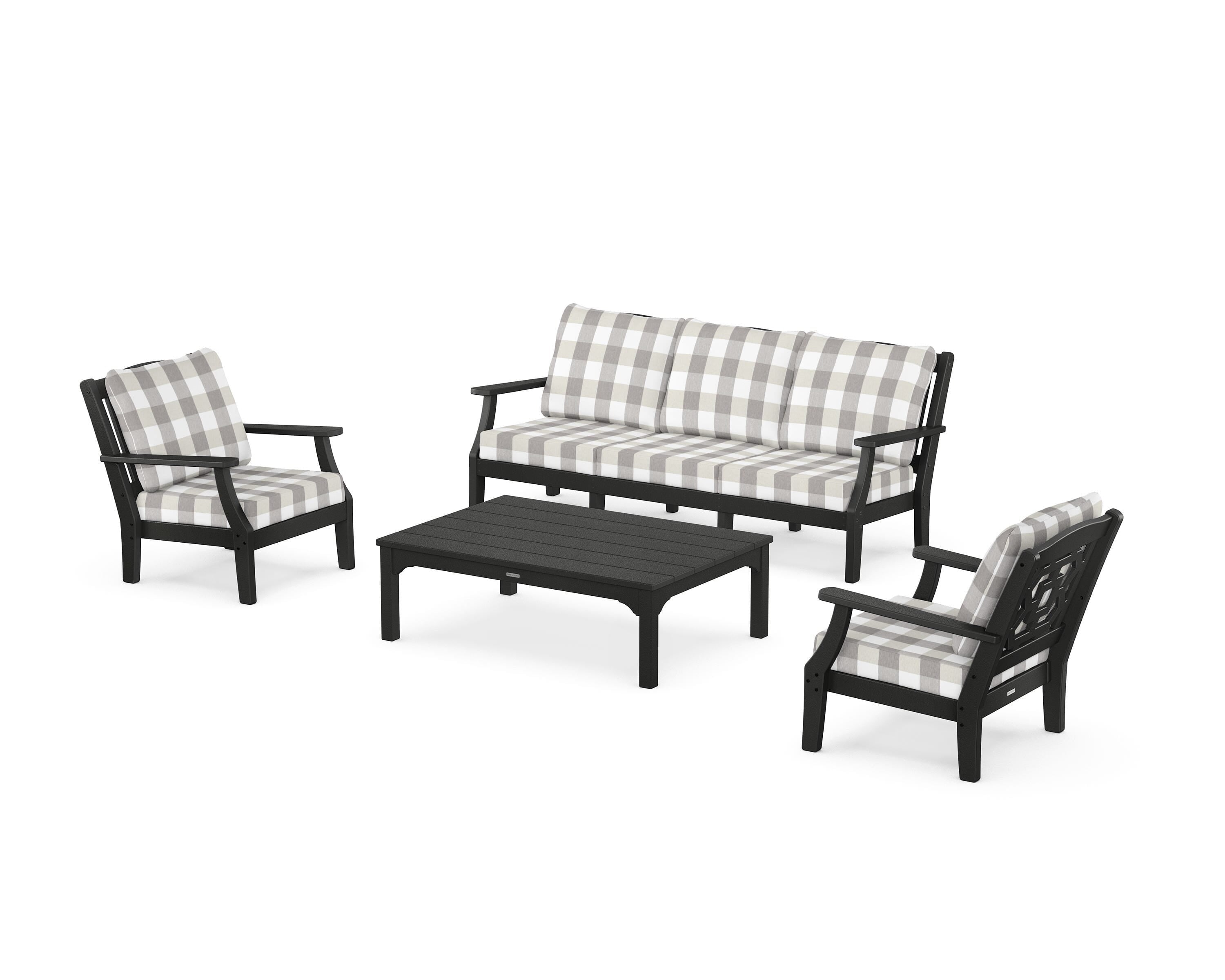 Martha Stewart by POLYWOOD® Chinoiserie 4-Piece Deep Seating Set with Sofa in Black / Buffalo Plaid Grey Mist