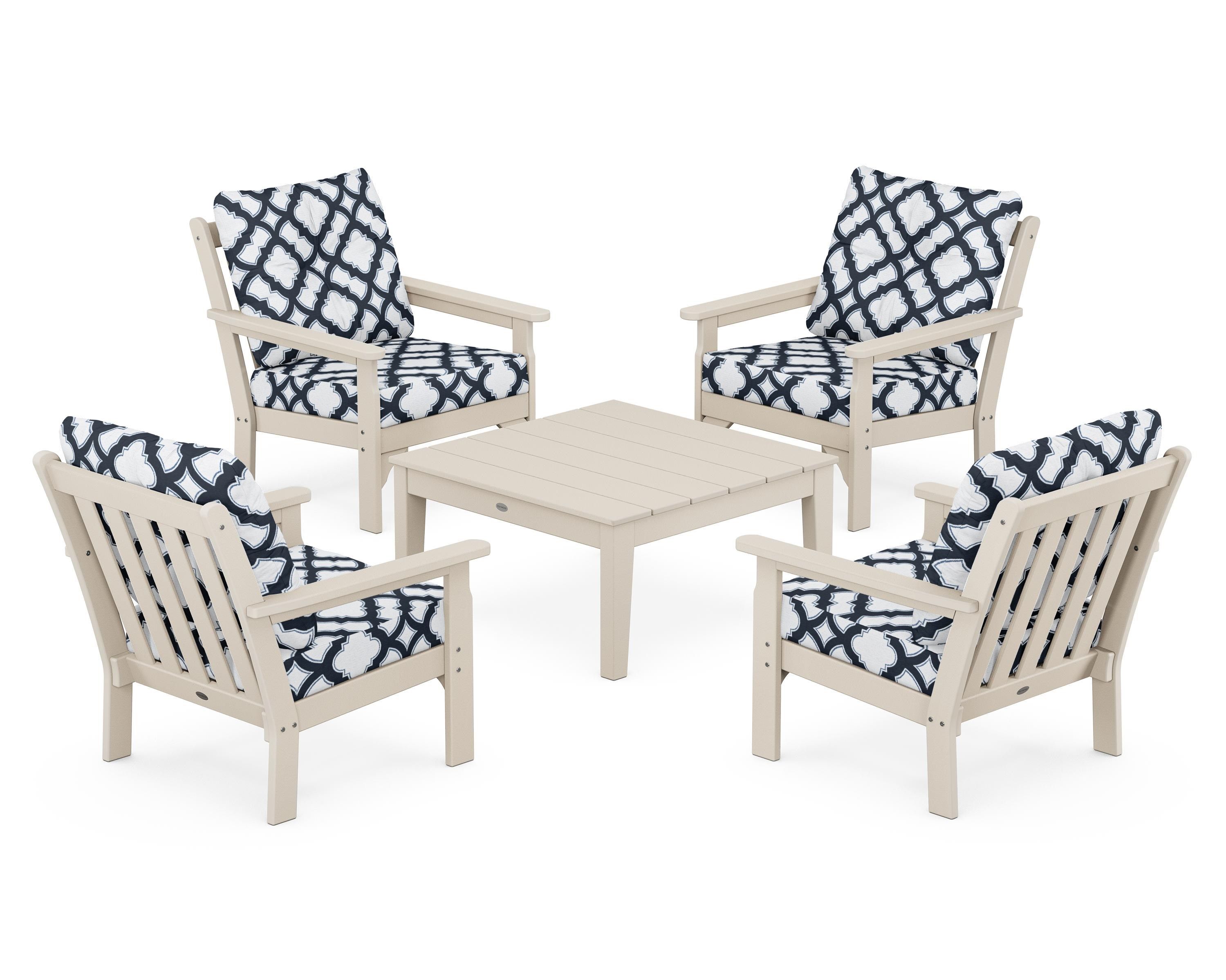POLYWOOD® Vineyard 5-Piece Deep Seating Conversation Set in Sand / Trellis Marine Indigo