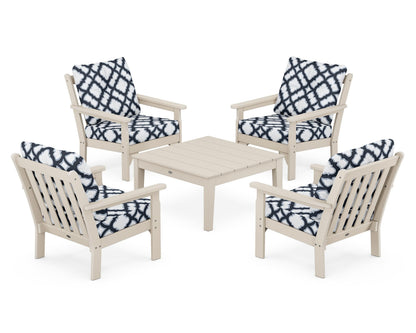 POLYWOOD® Vineyard 5-Piece Deep Seating Conversation Set in Sand / Trellis Marine Indigo