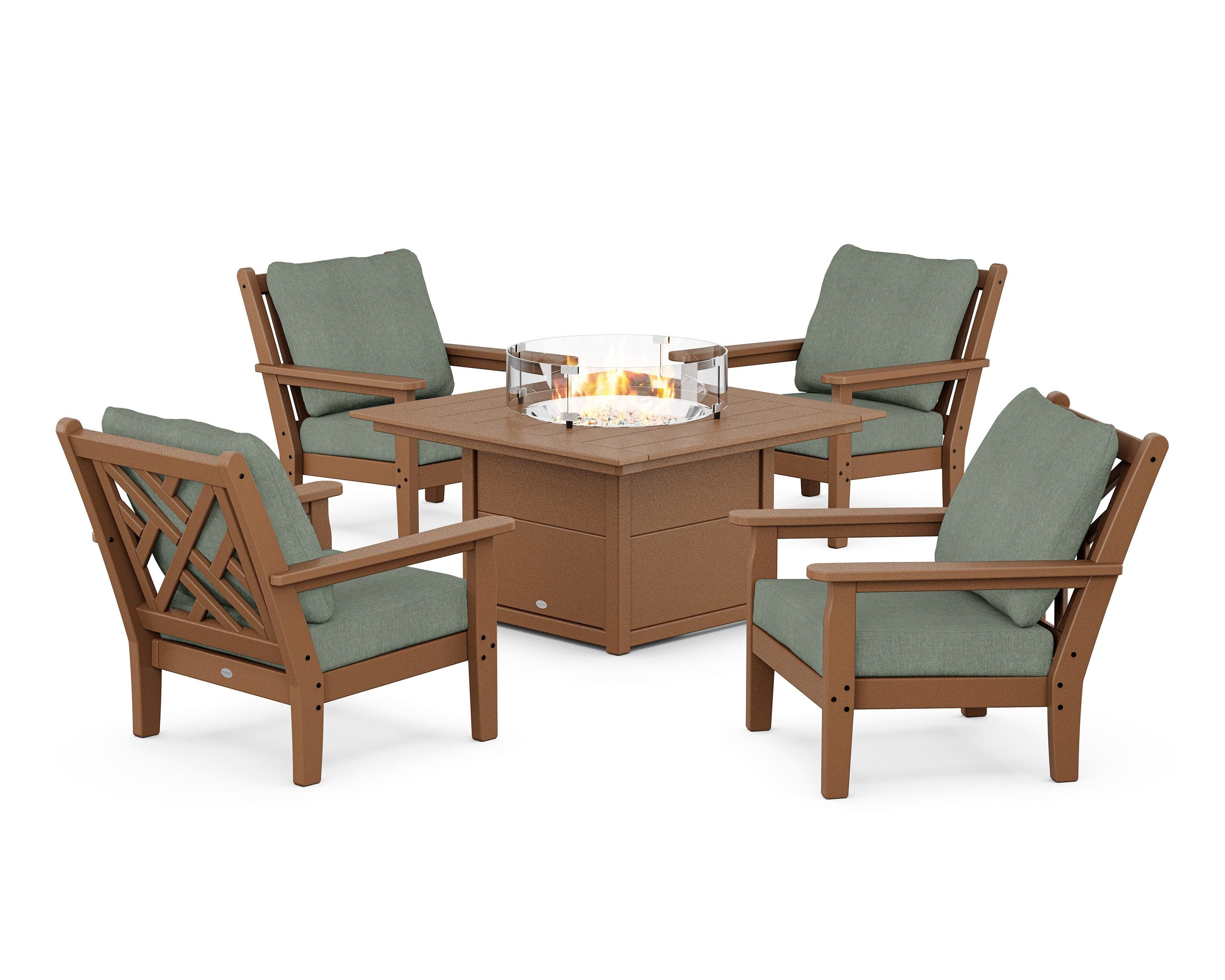 POLYWOOD® Chippendale 5-Piece Deep Seating Set with Fire Pit Table in Teak / Cast Sage