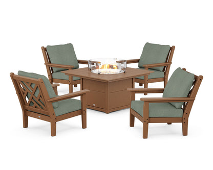 POLYWOOD® Chippendale 5-Piece Deep Seating Set with Fire Pit Table in Teak / Cast Sage