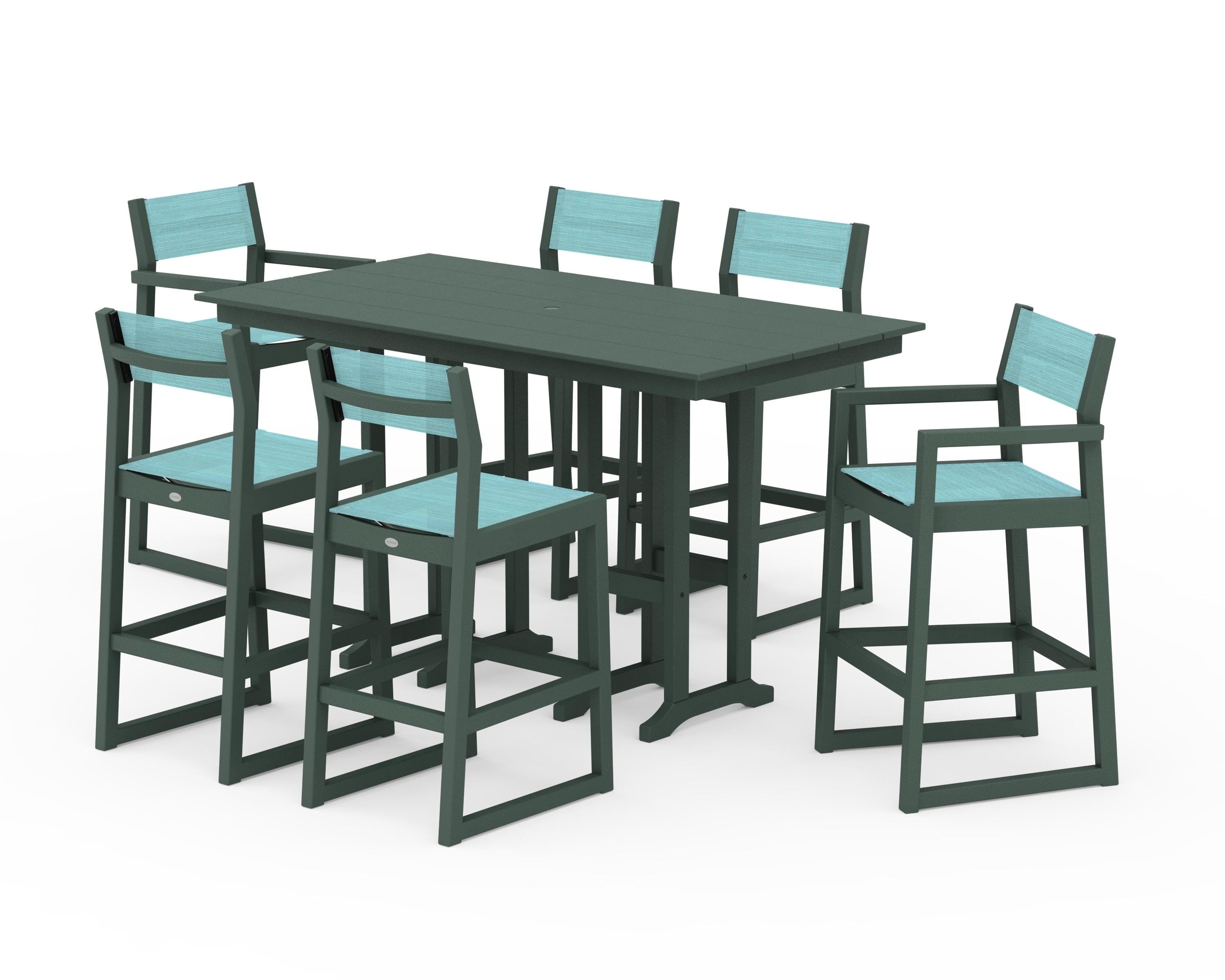 POLYWOOD® EDGE Sling 7-Piece Farmhouse Bar Set in Green / Dupioni Aquamarine Sling