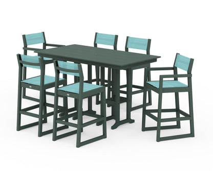 POLYWOOD® EDGE Sling 7-Piece Farmhouse Bar Set in Green / Dupioni Aquamarine Sling