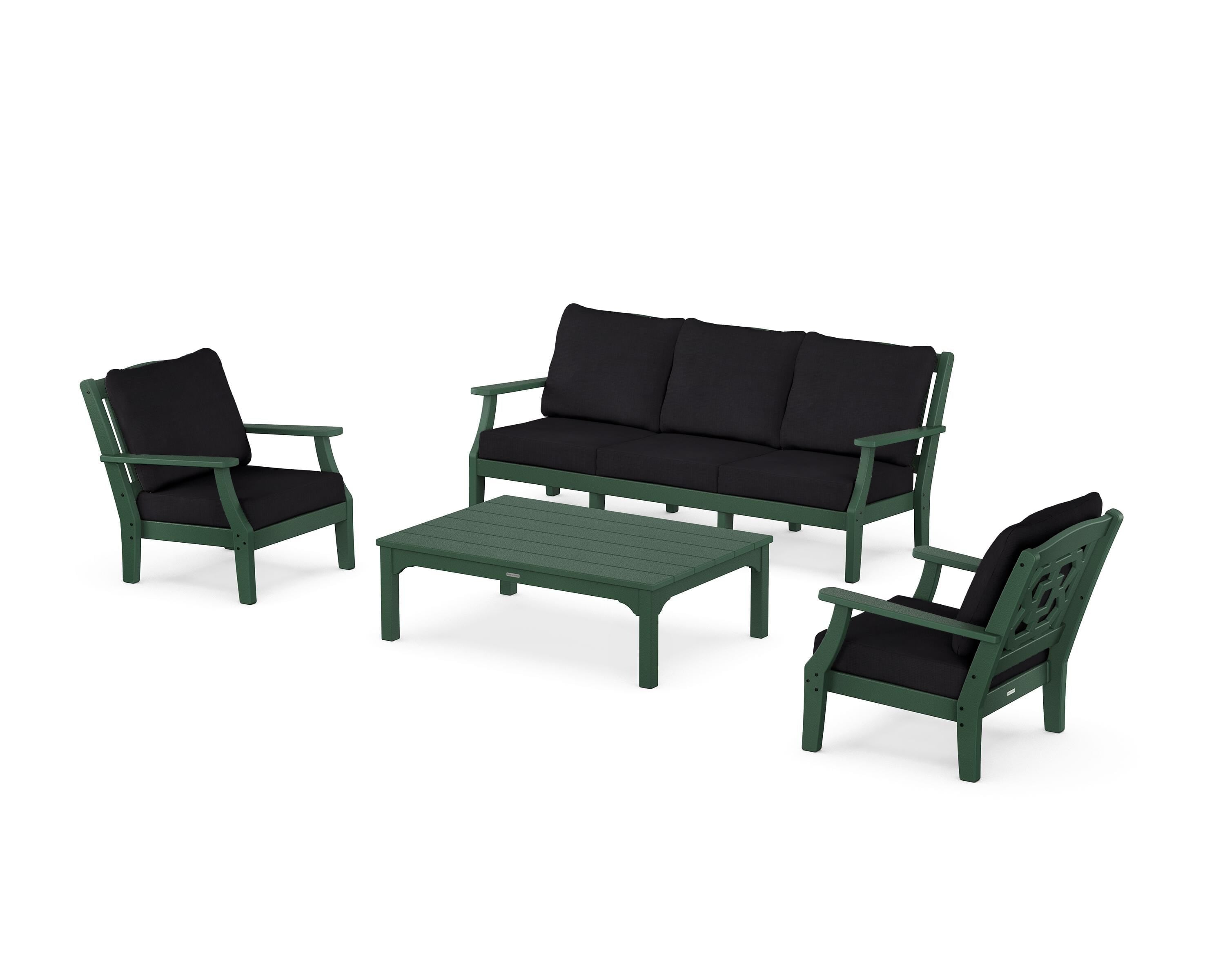 Martha Stewart by POLYWOOD® Chinoiserie 4-Piece Deep Seating Set with Sofa in Green / Midnight Linen