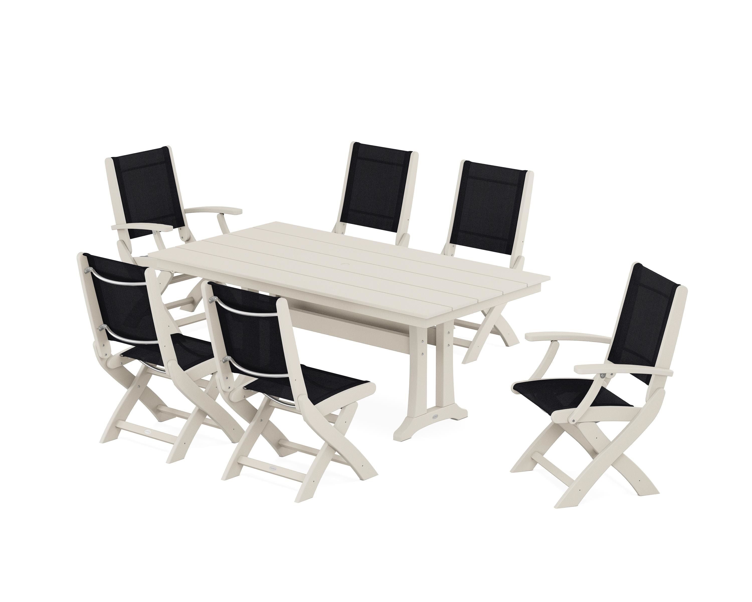 POLYWOOD® Coastal Folding Chair 7-Piece Farmhouse Dining Set with Trestle Legs in Sand / Black Sling