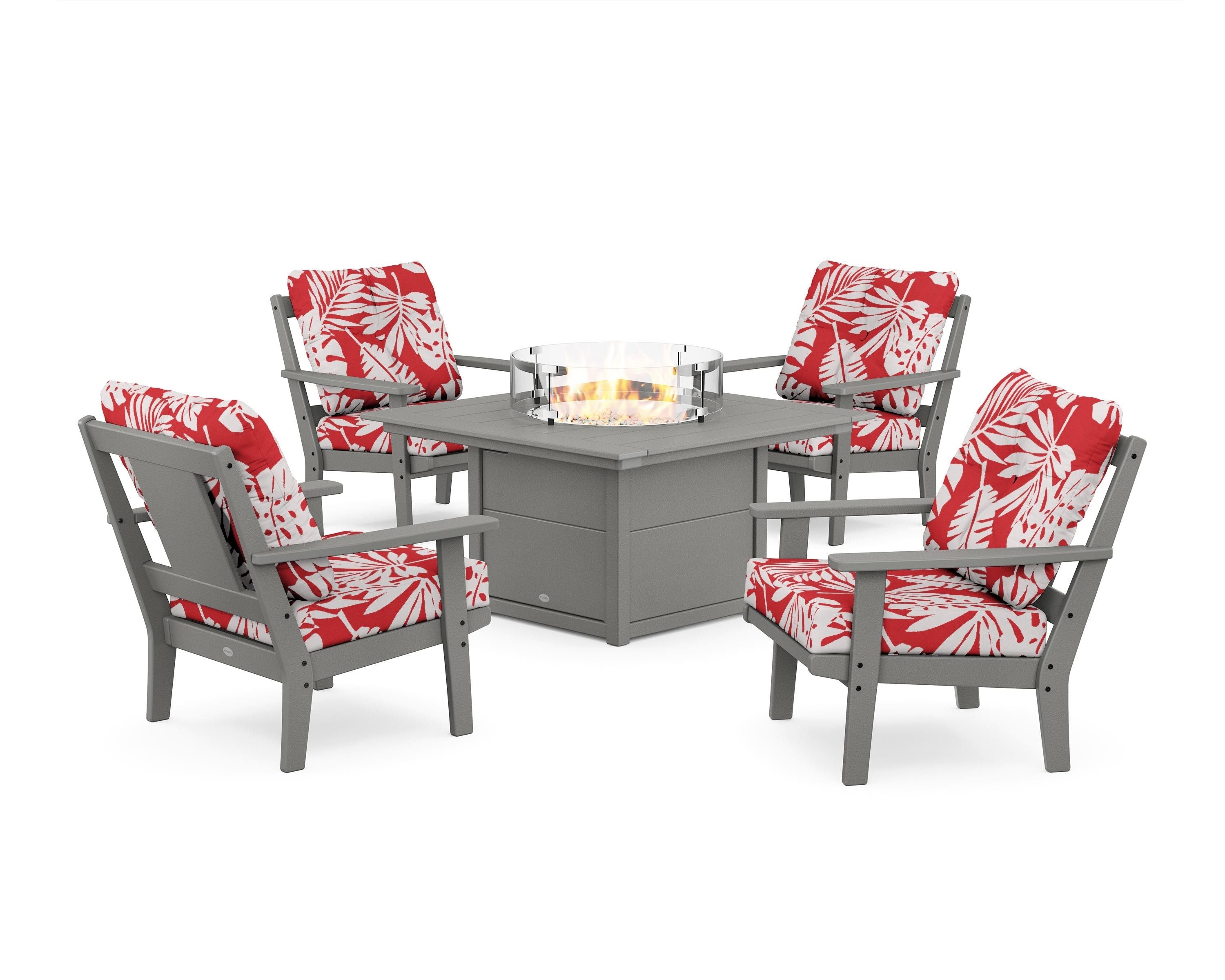 POLYWOOD® Prairie 5-Piece Deep Seating Set with Fire Pit Table in Slate Grey / Leaf Crimson