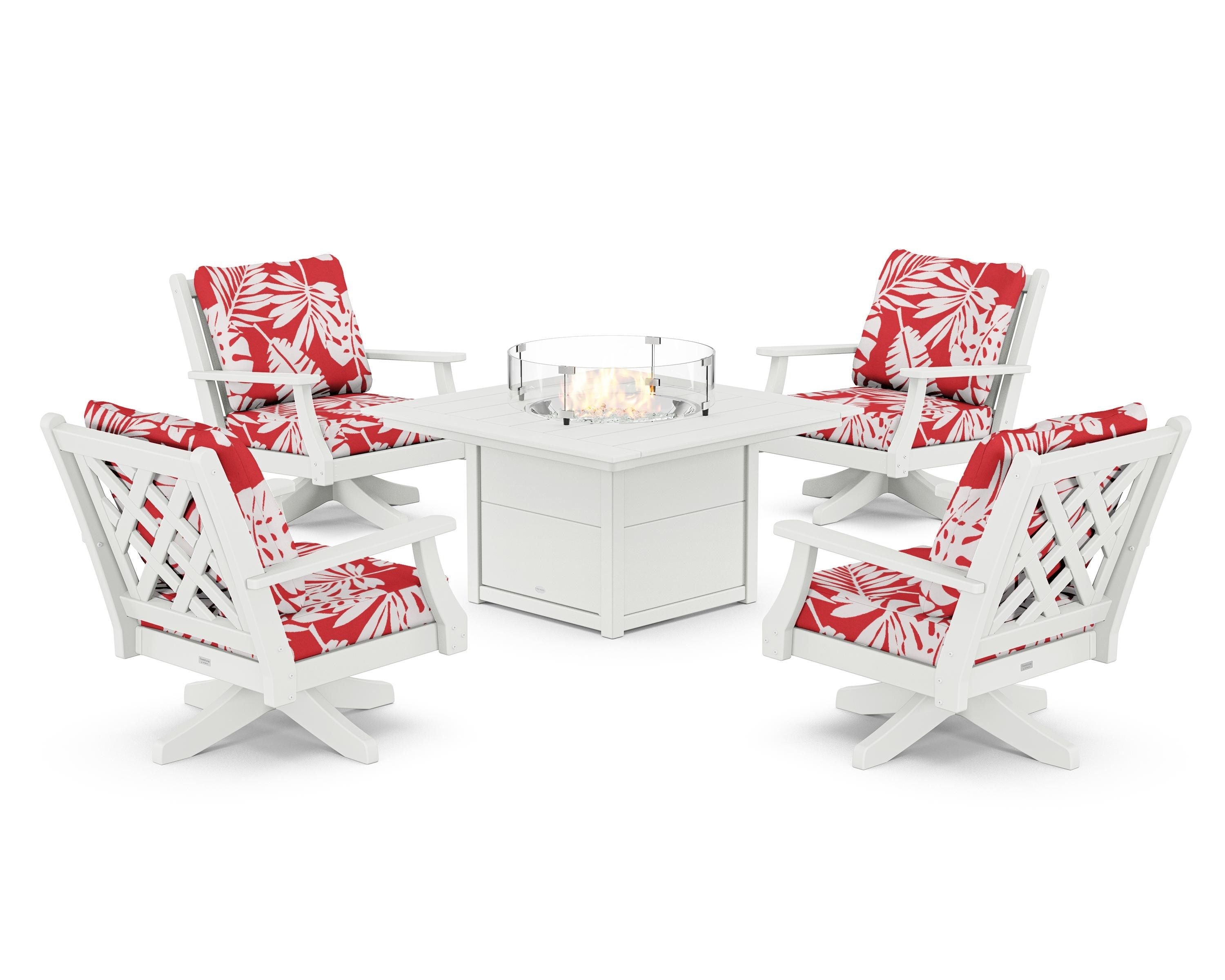 Country Living Wovendale 5-Piece Deep Seating Swivel Conversation Set with Fire Pit Table in White / Leaf Crimson