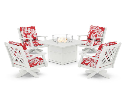 Country Living Wovendale 5-Piece Deep Seating Swivel Conversation Set with Fire Pit Table in White / Leaf Crimson