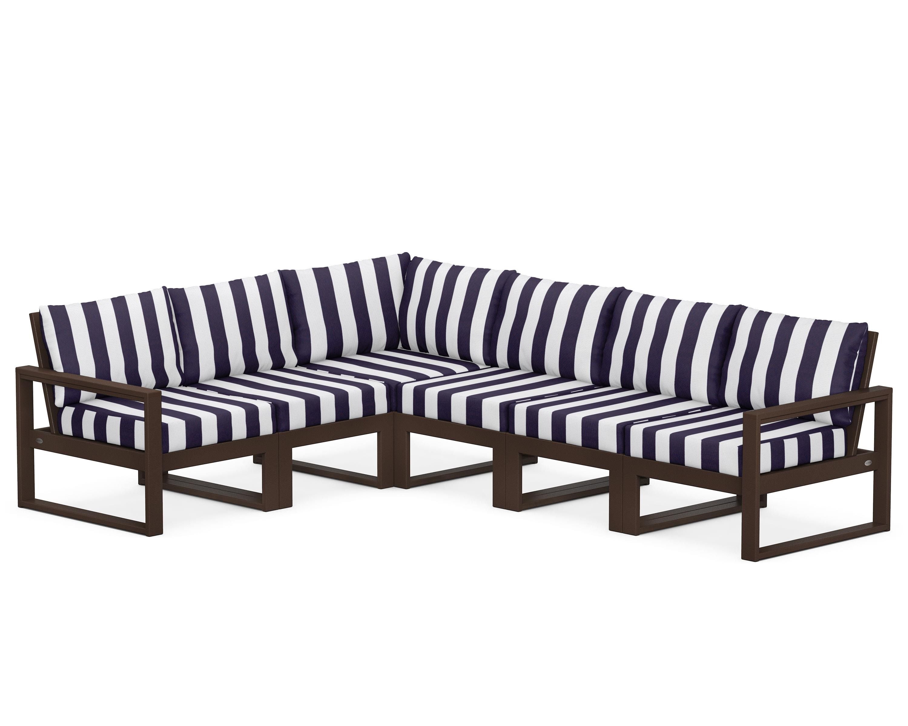 POLYWOOD® EDGE 6-Piece Modular Deep Seating Set in Mahogany / Cabana Stripe Navy