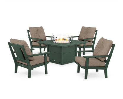 POLYWOOD® Prairie 5-Piece Deep Seating Set with Fire Pit Table in Green / Spiced Burlap