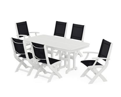 POLYWOOD® Coastal Folding Chair 7-Piece Dining Set in White / Black Sling