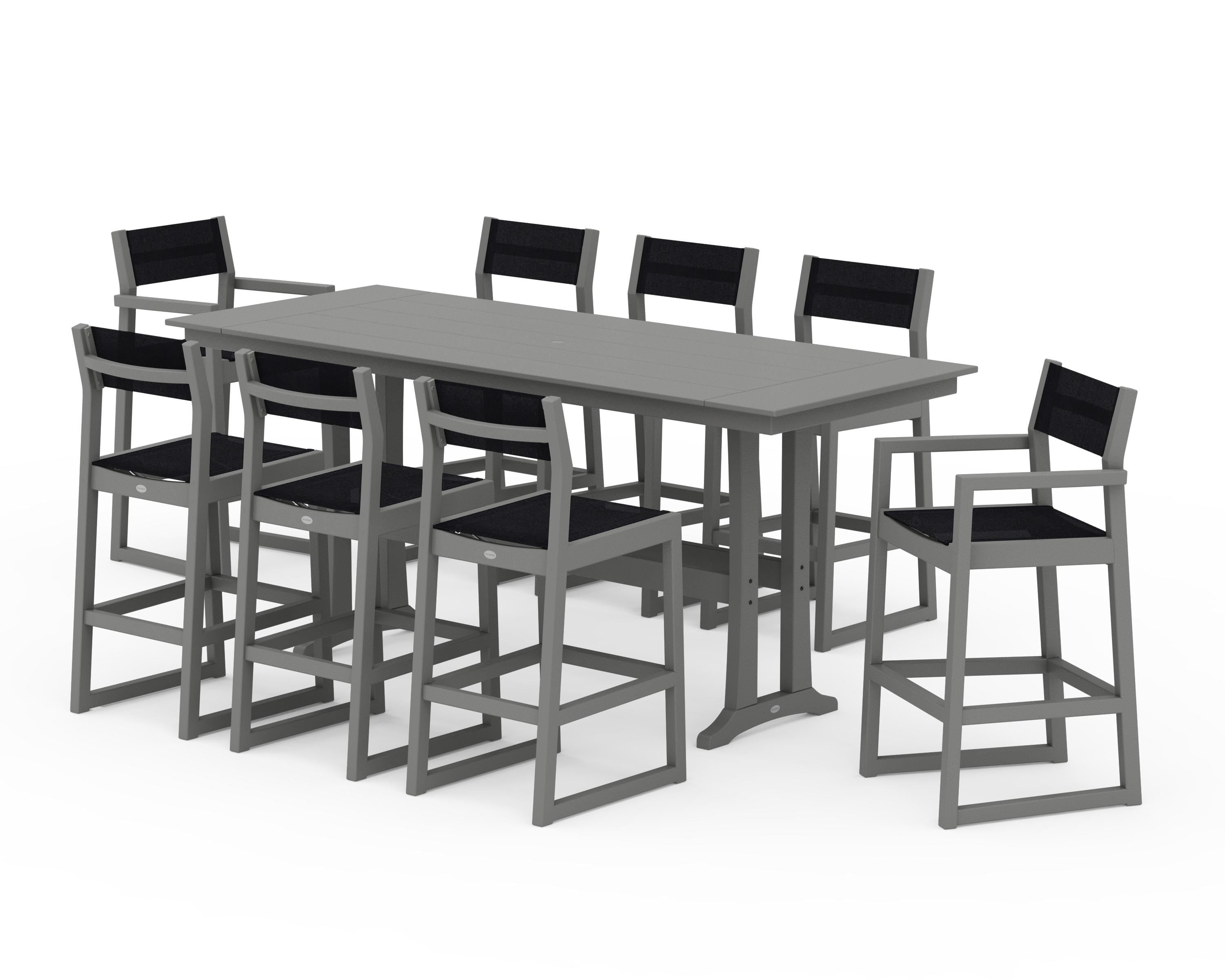 POLYWOOD® EDGE Sling 9-Piece Farmhouse Bar Set with Trestle Legs in Slate Grey / Black Sling