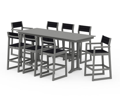 POLYWOOD® EDGE Sling 9-Piece Farmhouse Bar Set with Trestle Legs in Slate Grey / Black Sling