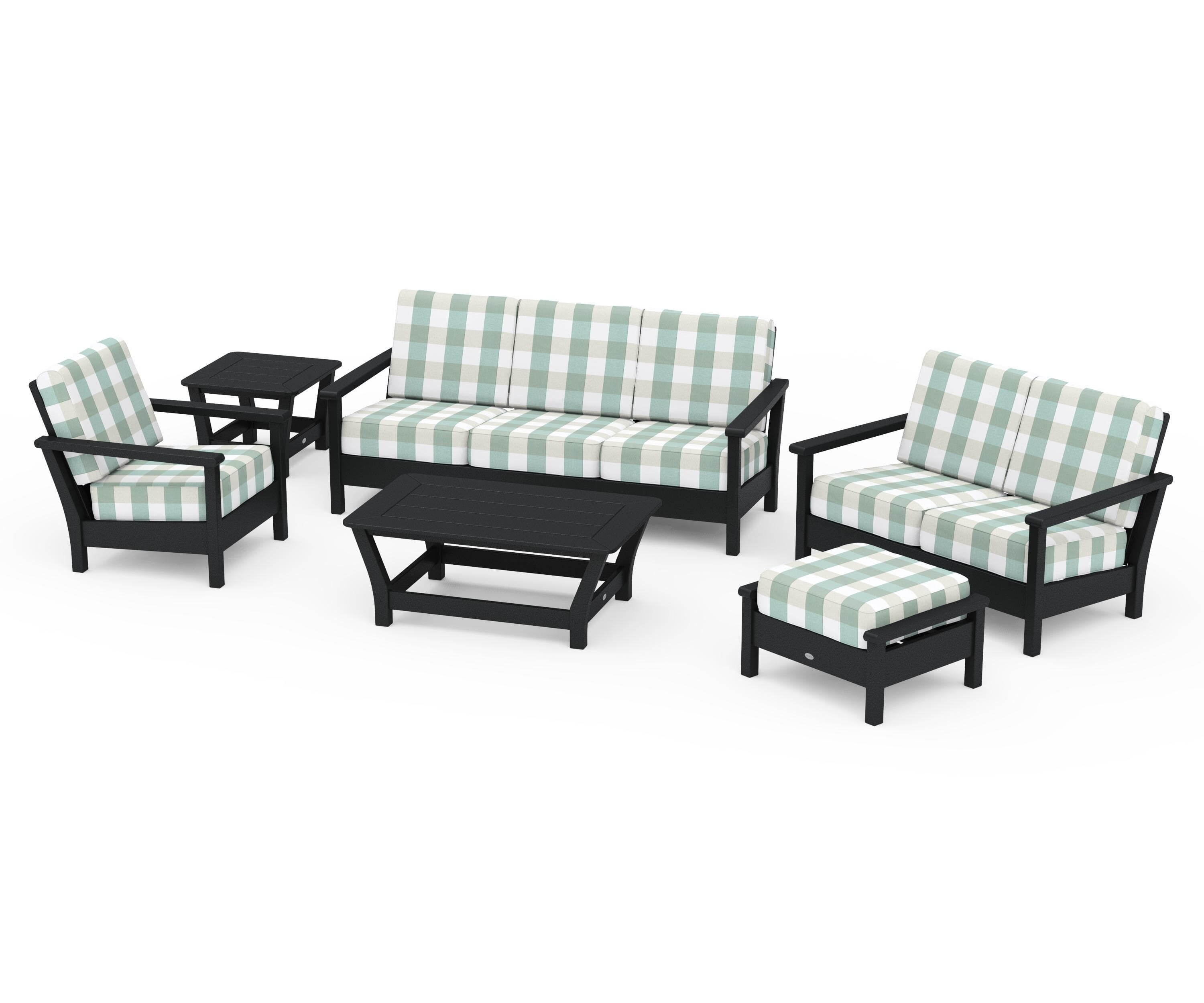 POLYWOOD® Harbour 6-Piece Outdoor Living Set in Black / Buffalo Plaid Glacier Spa