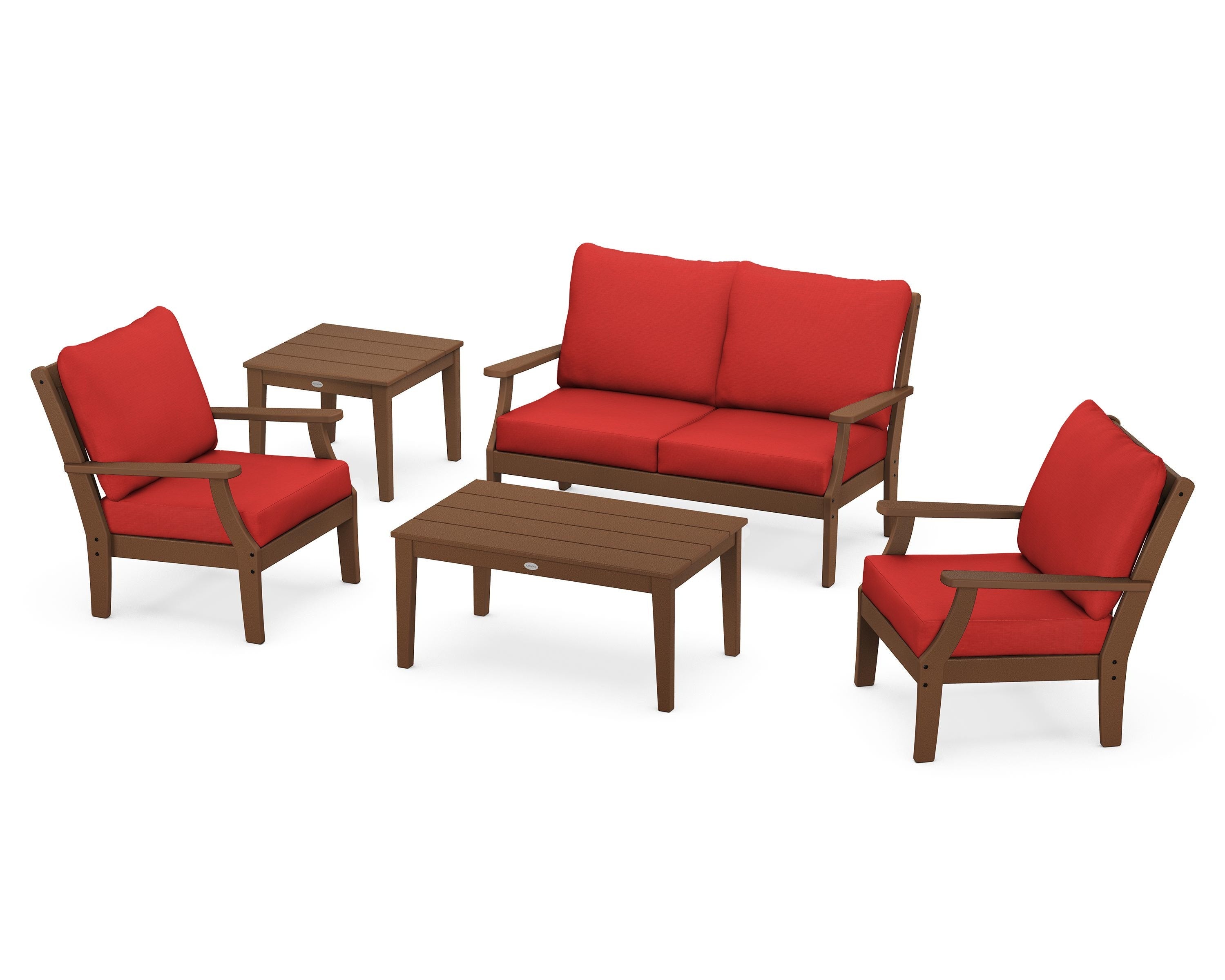 POLYWOOD® Braxton 5-Piece Deep Seating Set in Teak / Crimson Linen