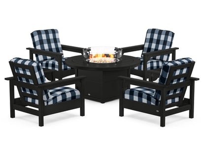 POLYWOOD® Club 5-Piece Conversation Set with Fire Pit Table in Black / Buffalo Plaid Marine Indigo
