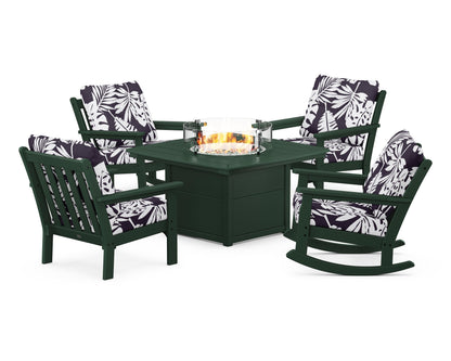 POLYWOOD® Vineyard 5-Piece Deep Seating Rocking Chair Conversation Set with Fire Pit Table in Green / Leaf Navy