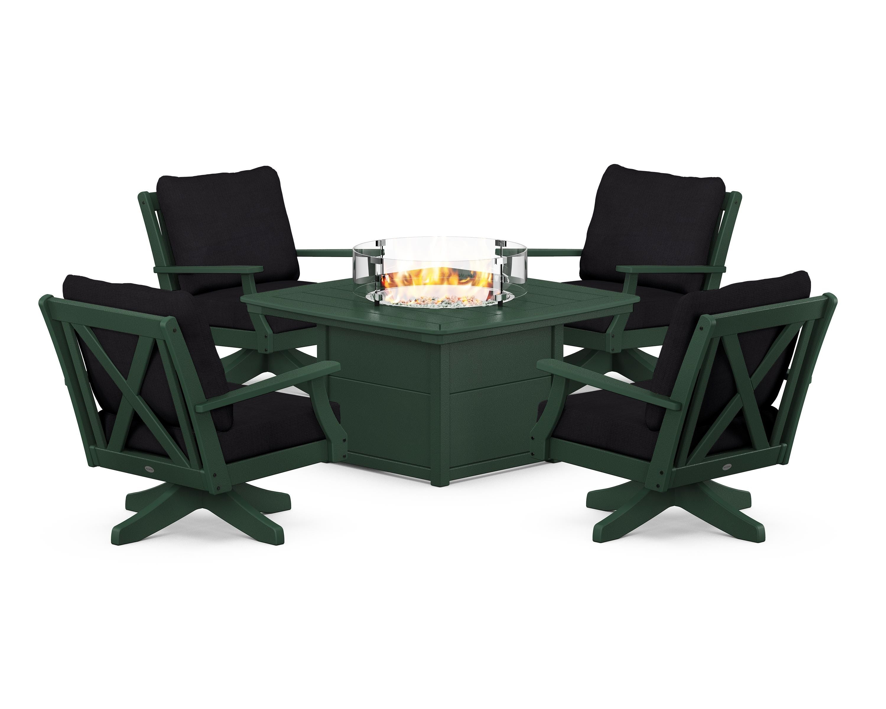 POLYWOOD® Braxton 5-Piece Deep Seating Swivel Conversation Set with Fire Pit Table in Green / Midnight Linen