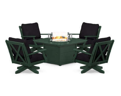 POLYWOOD® Braxton 5-Piece Deep Seating Swivel Conversation Set with Fire Pit Table in Green / Midnight Linen