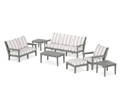POLYWOOD® Chippendale 7-Piece Deep Seating Set in Slate Grey / Cabana Stripe Dune Burlap