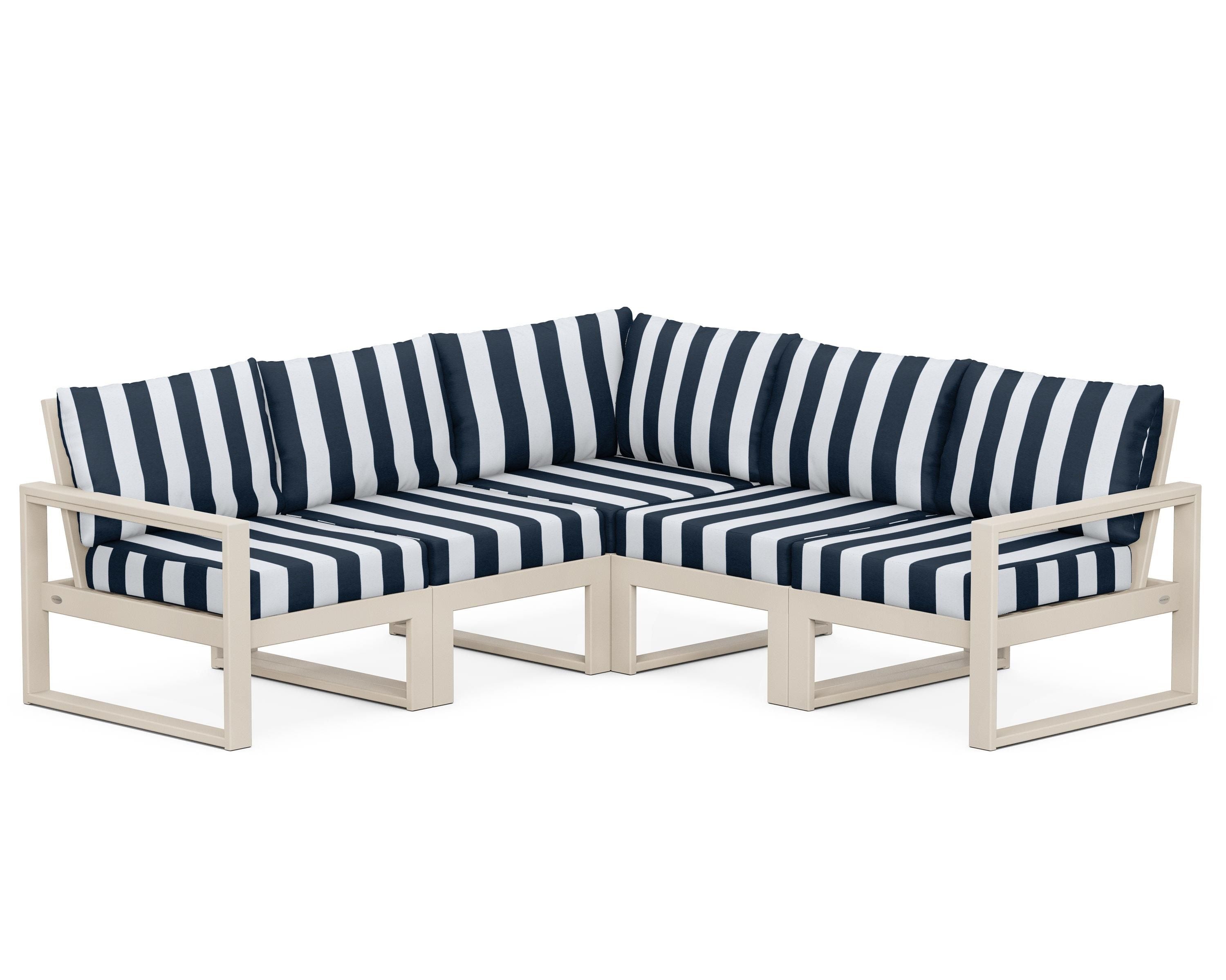 POLYWOOD® EDGE 5-Piece Modular Deep Seating Set in Sand / Cabana Stripe Marine Indigo