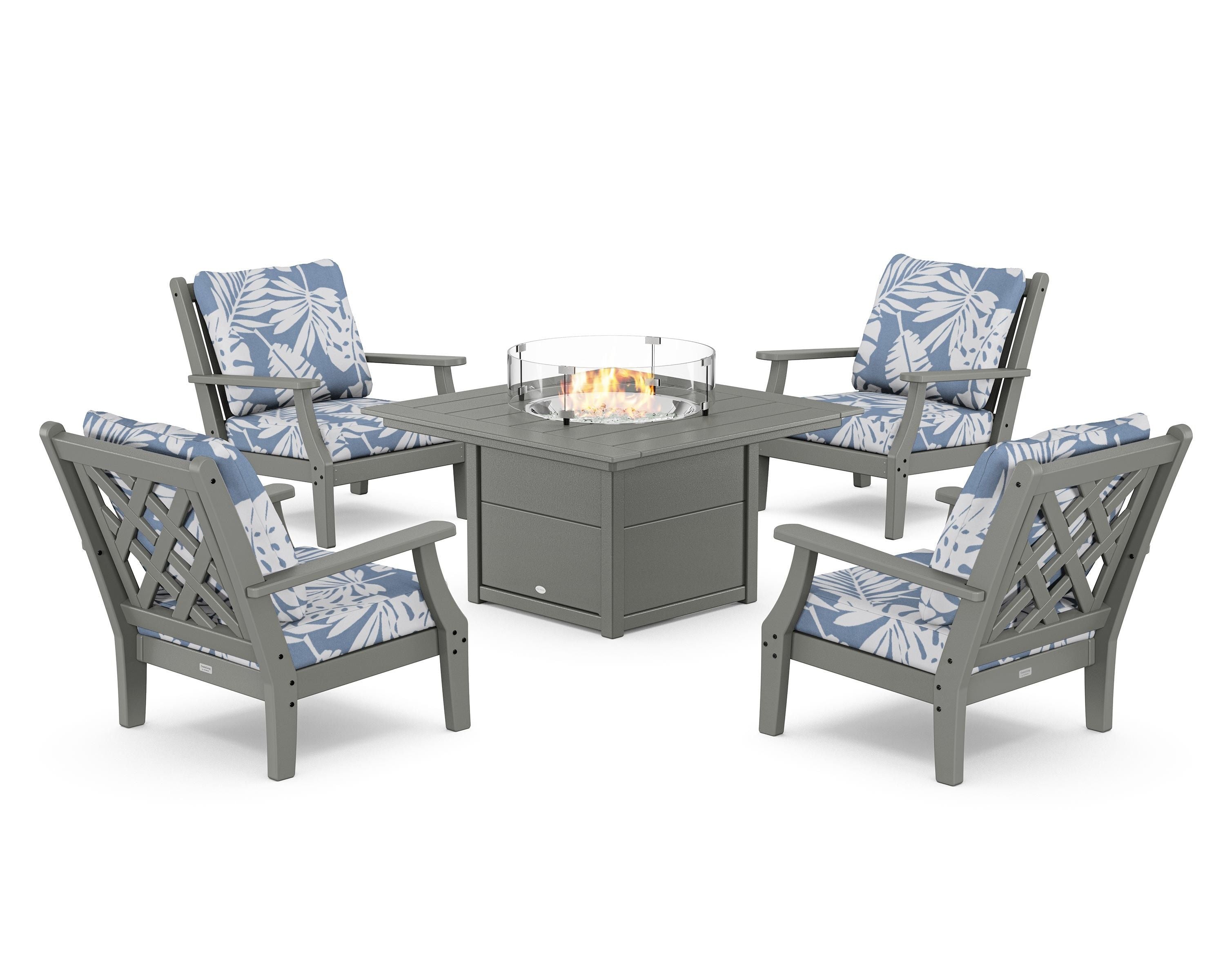 Country Living Wovendale 5-Piece Deep Seating Set with Fire Pit Table in Slate Grey / Leaf Sky Blue