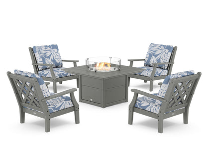 Country Living Wovendale 5-Piece Deep Seating Set with Fire Pit Table in Slate Grey / Leaf Sky Blue