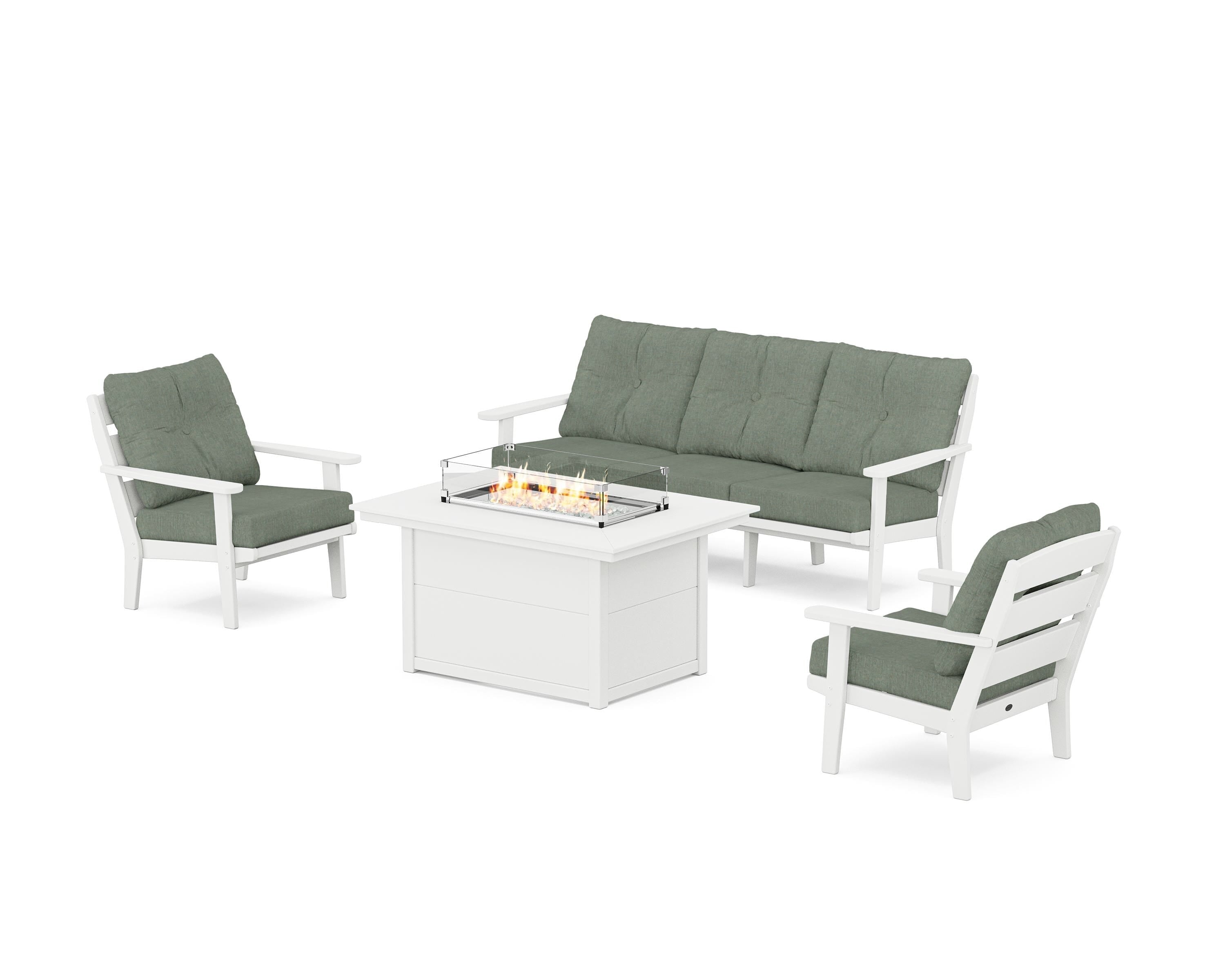POLYWOOD® Lakeside Deep Seating Fire Pit Table Set in White / Cast Sage