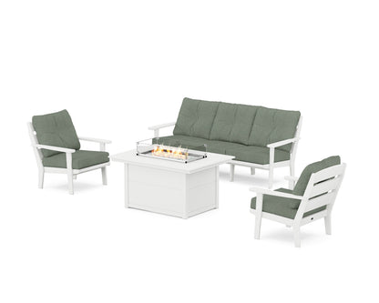 POLYWOOD® Lakeside Deep Seating Fire Pit Table Set in White / Cast Sage