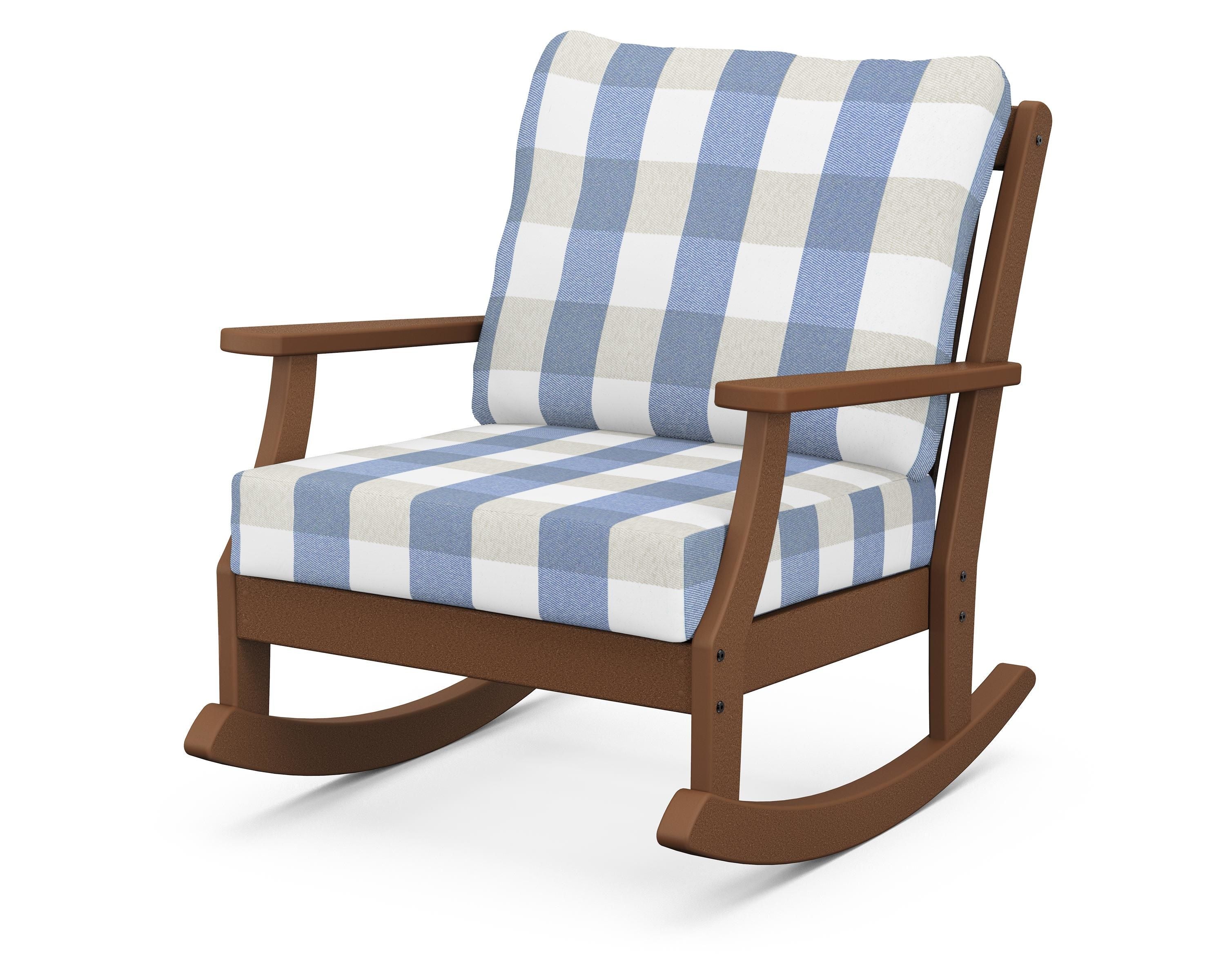 POLYWOOD® Braxton Deep Seating Rocking Chair in Teak / Buffalo Plaid Sky Blue