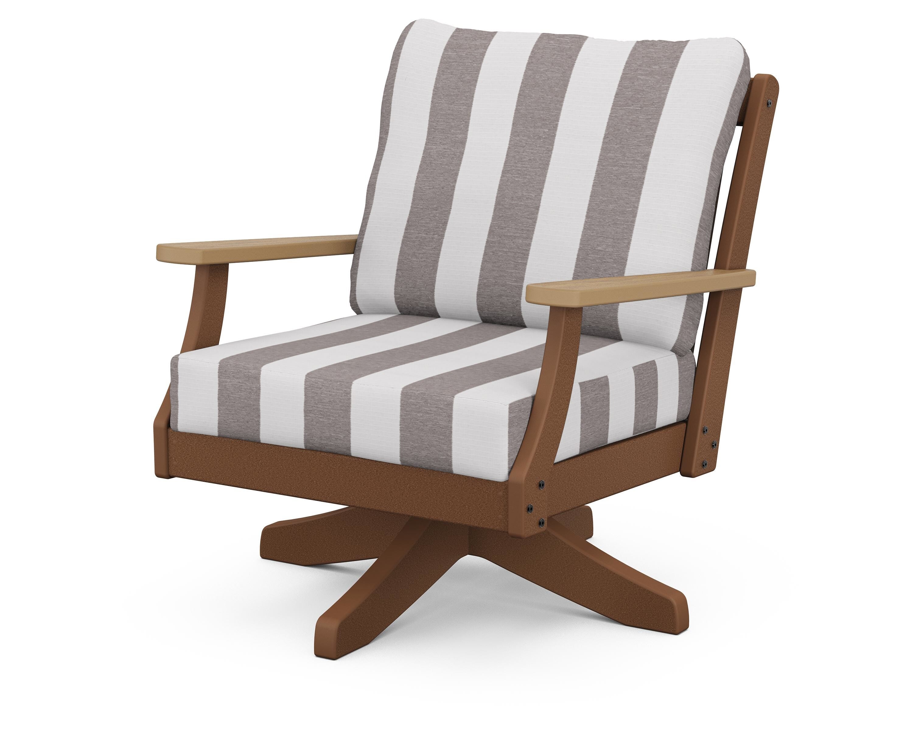 POLYWOOD® Braxton Deep Seating Swivel Chair in Teak / Natural / Cabana Stripe Grey Mist