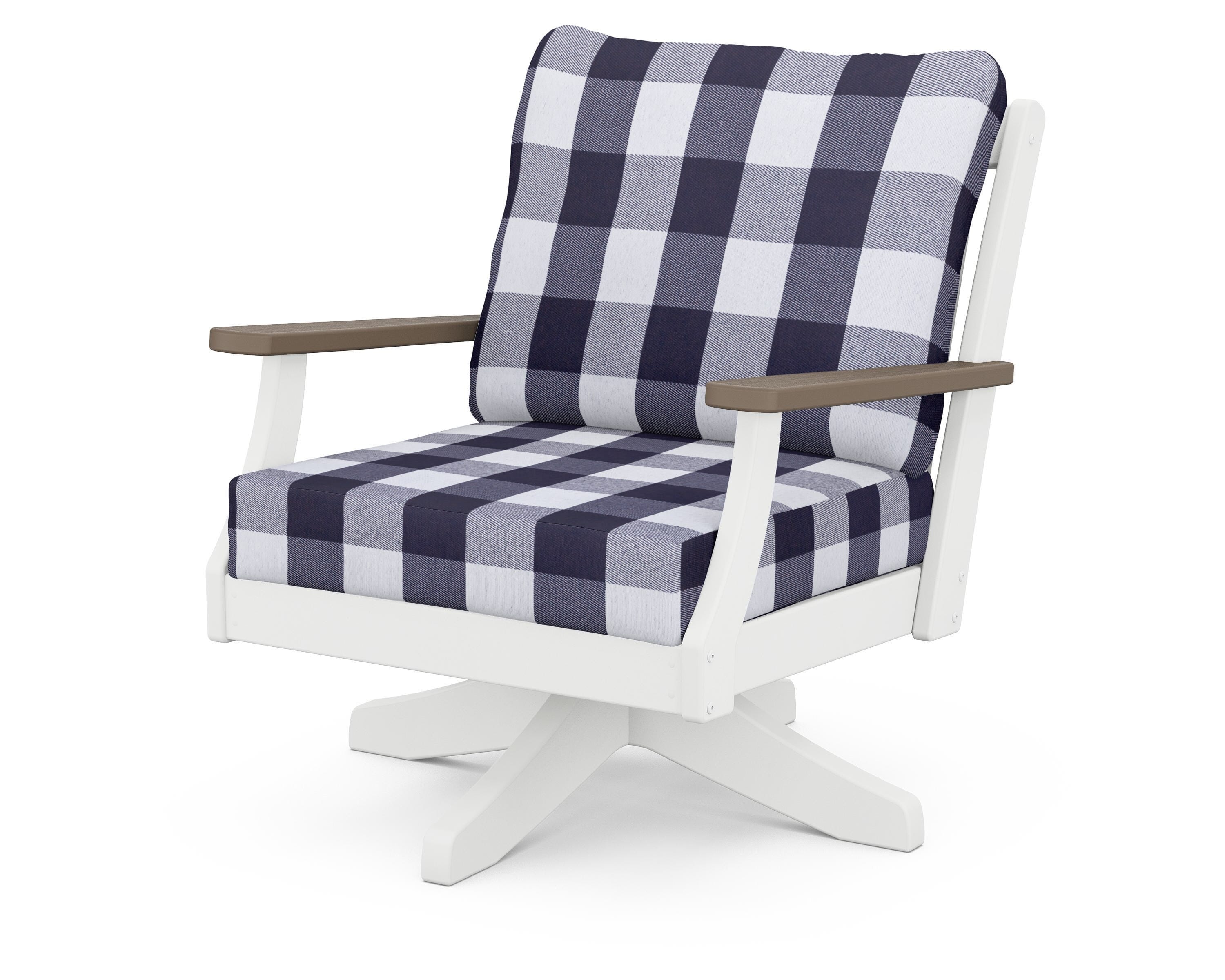 POLYWOOD® Braxton Deep Seating Swivel Chair in White / Kona / Buffalo Plaid Navy