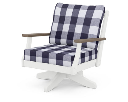 POLYWOOD® Braxton Deep Seating Swivel Chair in White / Kona / Buffalo Plaid Navy