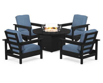 POLYWOOD® Club 5-Piece Conversation Set with Fire Pit Table in Black / Sky Blue