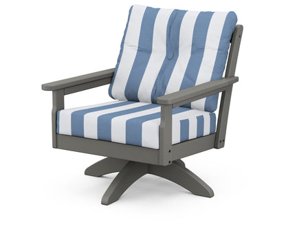 POLYWOOD® Vineyard Deep Seating Swivel Chair in Slate Grey / Cabana Stripe Sky Blue