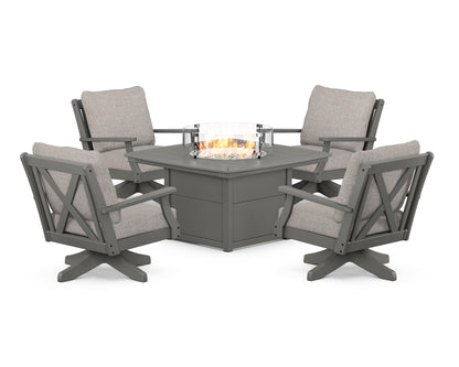 POLYWOOD® Braxton 5-Piece Deep Seating Swivel Conversation Set with Fire Pit Table in Slate Grey / Weathered Tweed