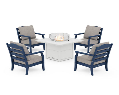 Draper James™ by  POLYWOOD® Savannah 5-Piece Deep Seating Set with Fire Pit Table in Navy / Weathered Tweed
