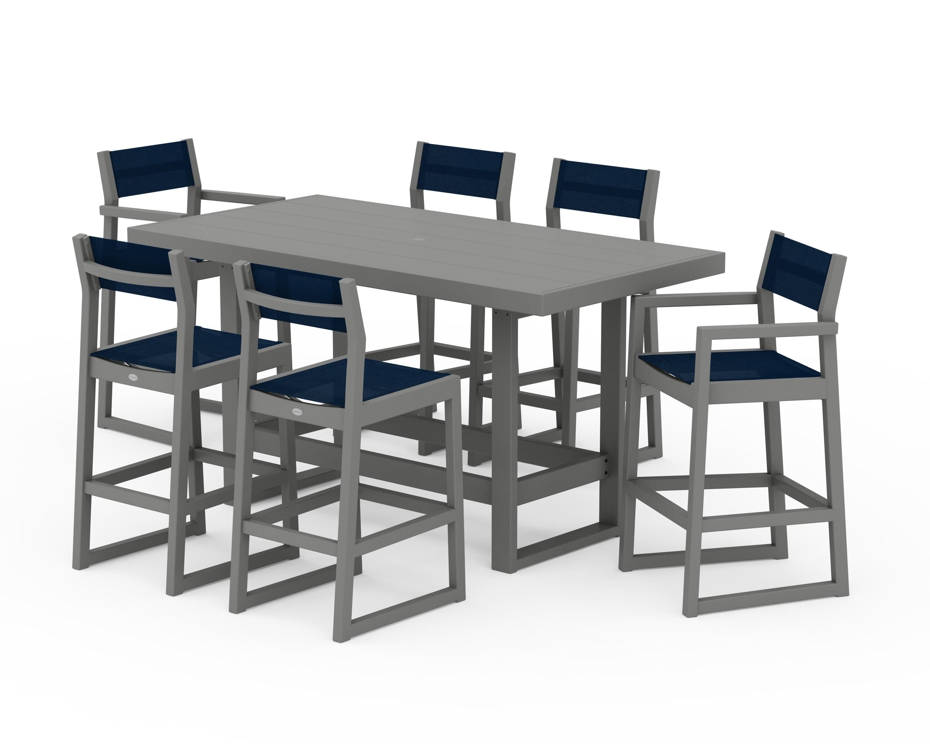 POLYWOOD® EDGE Sling 7-Piece Bar Table Set in Slate Grey / Navy Blue Sling