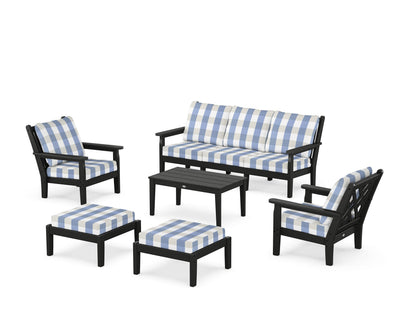 POLYWOOD® Chippendale 6-Piece Lounge Sofa Set in Black / Buffalo Plaid Sky Blue