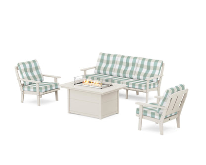 POLYWOOD® Mission Deep Seating Fire Pit Table Set in Sand / Buffalo Plaid Glacier Spa