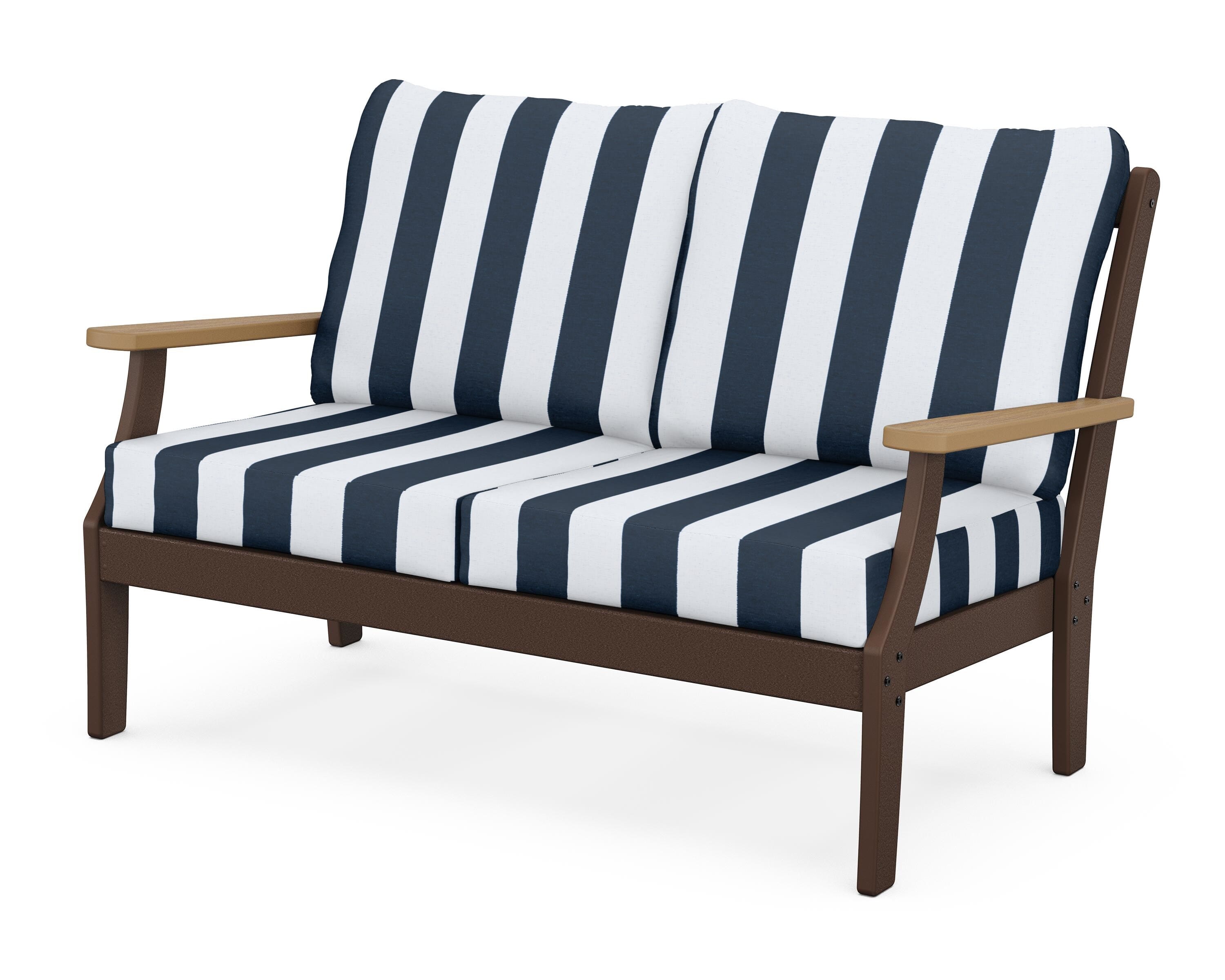POLYWOOD® Braxton Deep Seating Loveseat in Mahogany / Natural / Cabana Stripe Marine Indigo