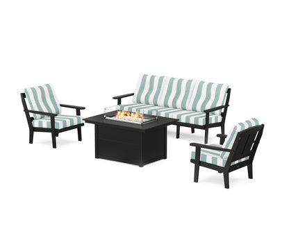 POLYWOOD® Mission Deep Seating Fire Pit Table Set in Black / Cabana Stripe Glacier Spa