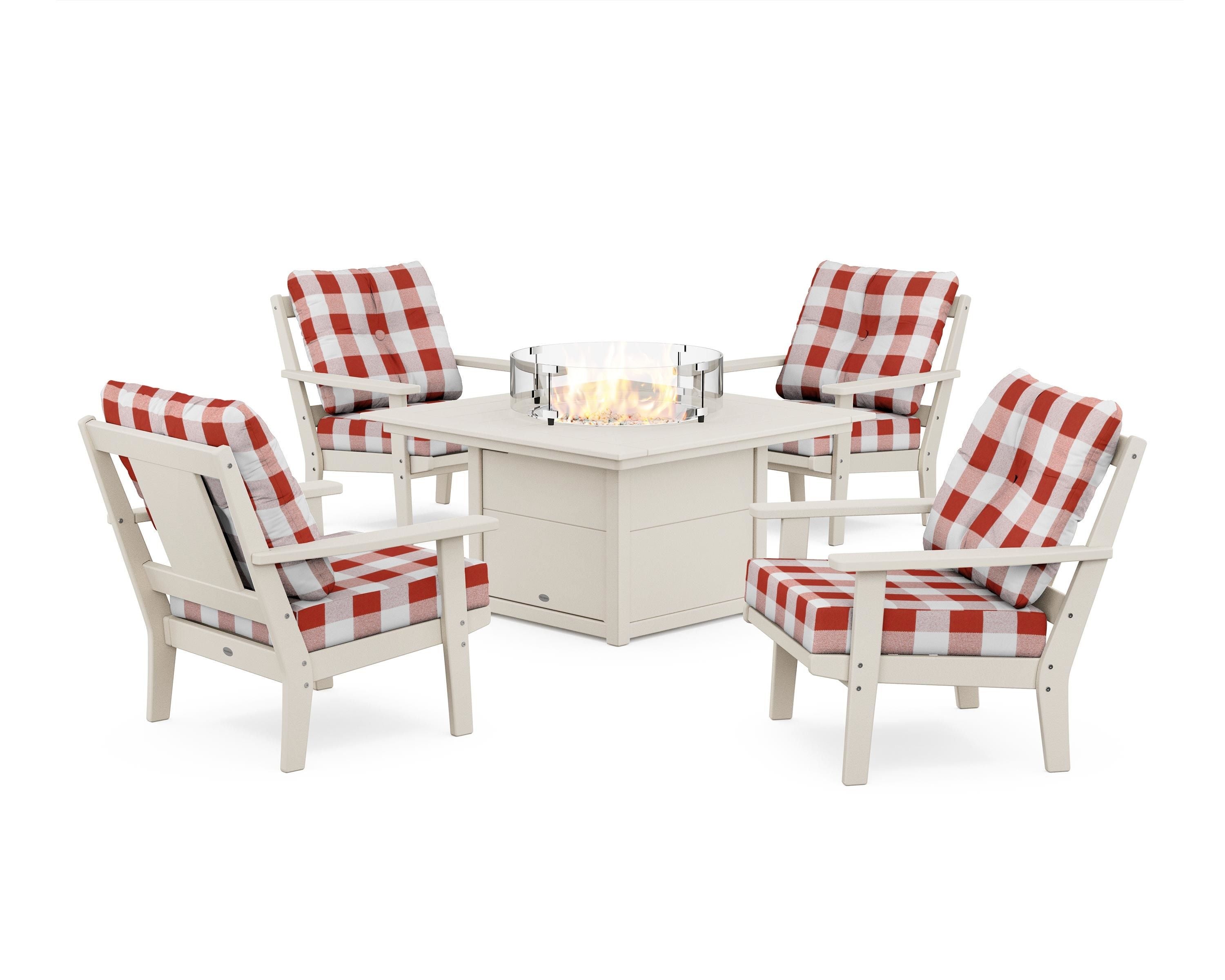 POLYWOOD® Prairie 5-Piece Deep Seating Set with Fire Pit Table in Sand / Buffalo Plaid Crimson