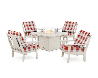 POLYWOOD® Prairie 5-Piece Deep Seating Set with Fire Pit Table in Sand / Buffalo Plaid Crimson