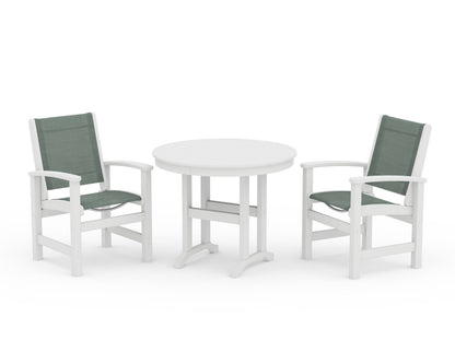 POLYWOOD® Coastal 3-Piece Round Dining Set in White / Dupioni Sea Mist Sling