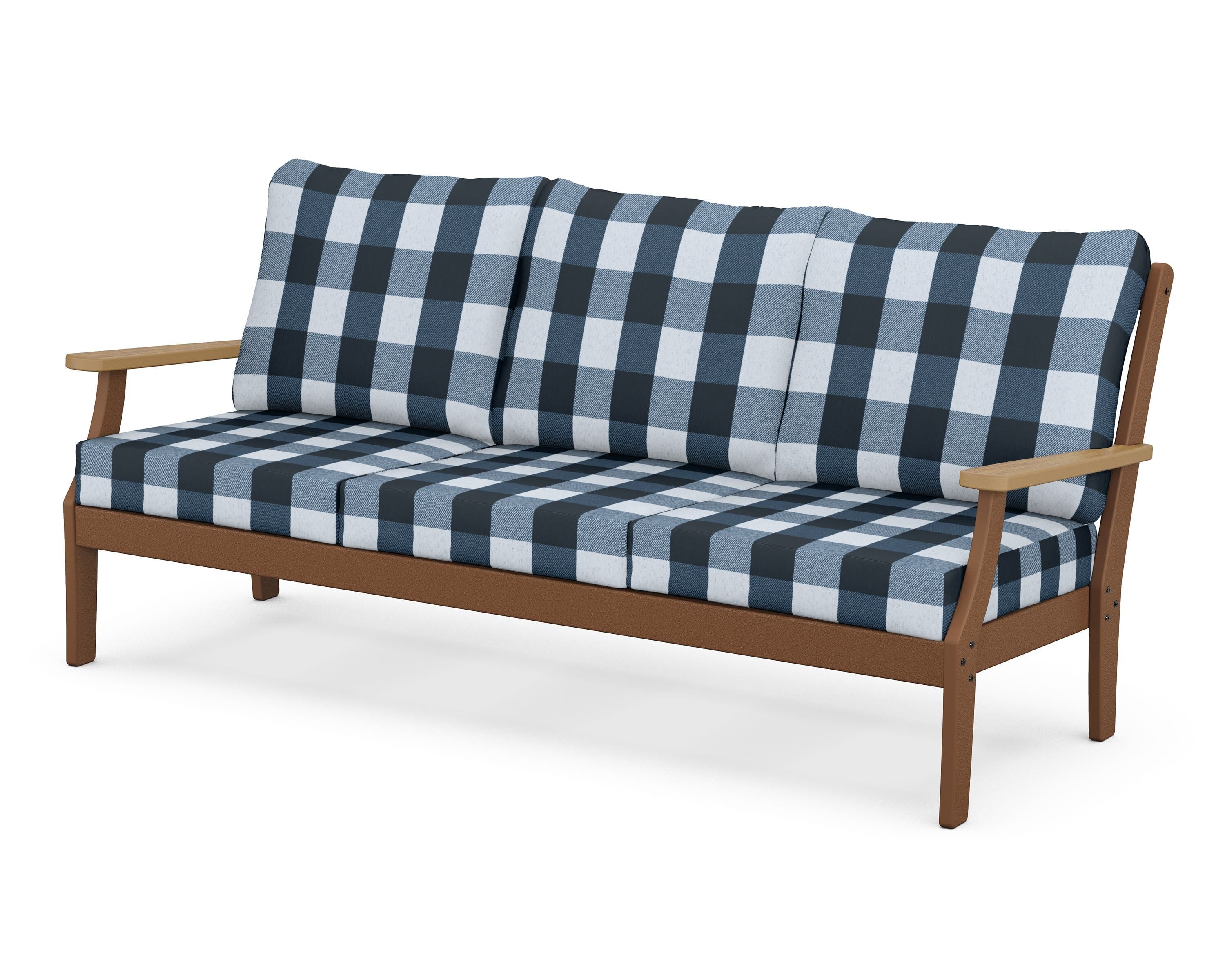 POLYWOOD® Braxton Deep Seating Sofa in Teak / Natural / Buffalo Plaid Marine Indigo