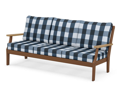 POLYWOOD® Braxton Deep Seating Sofa in Teak / Natural / Buffalo Plaid Marine Indigo